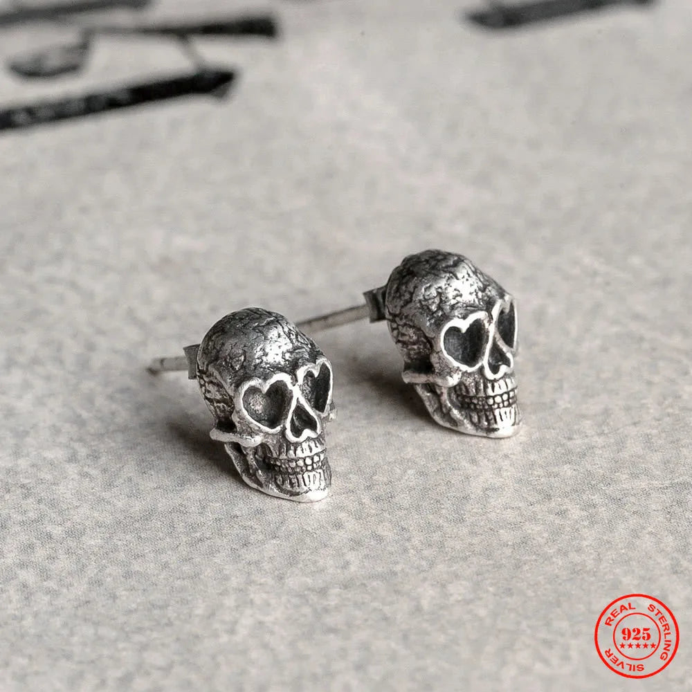 MKENDN 925 Sterling Silber Kreativer Retro Herzaugen Totenkopf Ohrstecker Punk Street Style Ohrstecker für Damen und Herren Feiner Schmuck