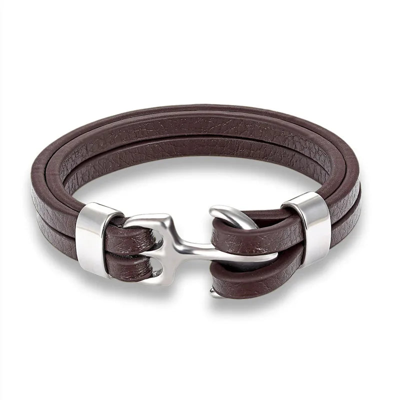 YIZIZAI Genuine Leather Anchor Bracelet Men Lion Double Wolf Shackles Stainless Steel Charm Bracelets Wristband Fashion Jewelry - Madeinsea©