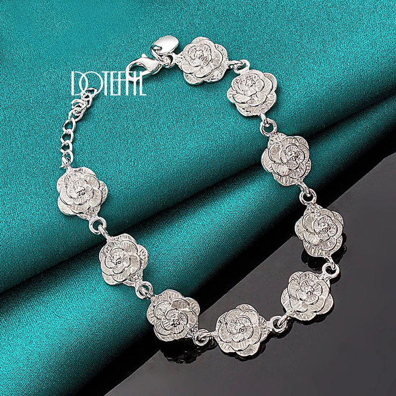 DOTEFFIL 925 Sterling Silver Full Rose Flower Chain Bracelet For Women Wedding Engagement Party Fashion Charm Jewelry - Madeinsea©