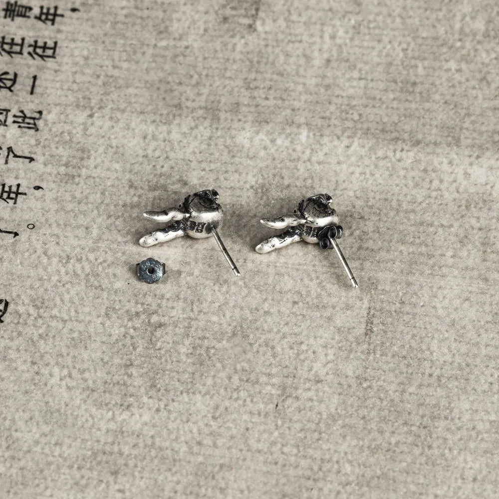 MKENDN 100% 925 Sterling Silver Creative Retro Rabbit Stud Earrings Punk Street Style Men Women Halloween Ear Jeweley