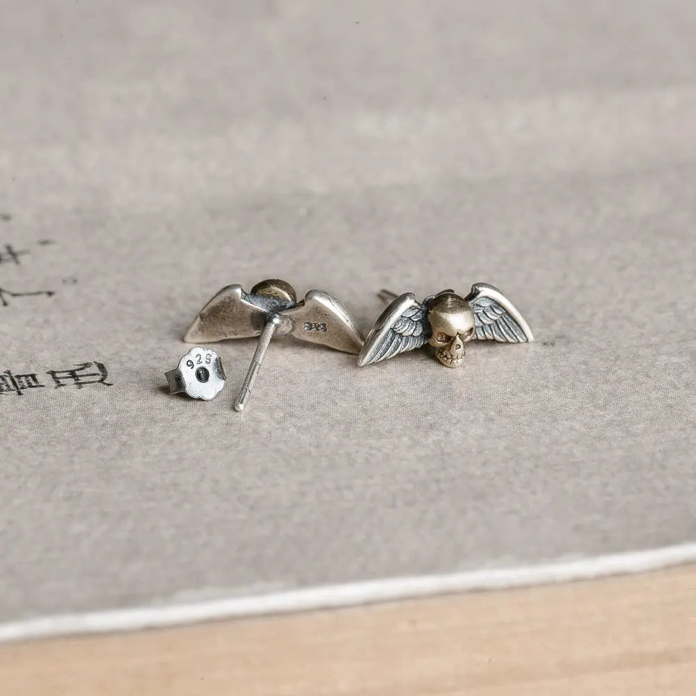 MKENDN 100% 925 Sterling Silver Creative Retro Skull Wings Stud Earring Trendy Street Punk Style Ear Pin for Men Women Jewelry