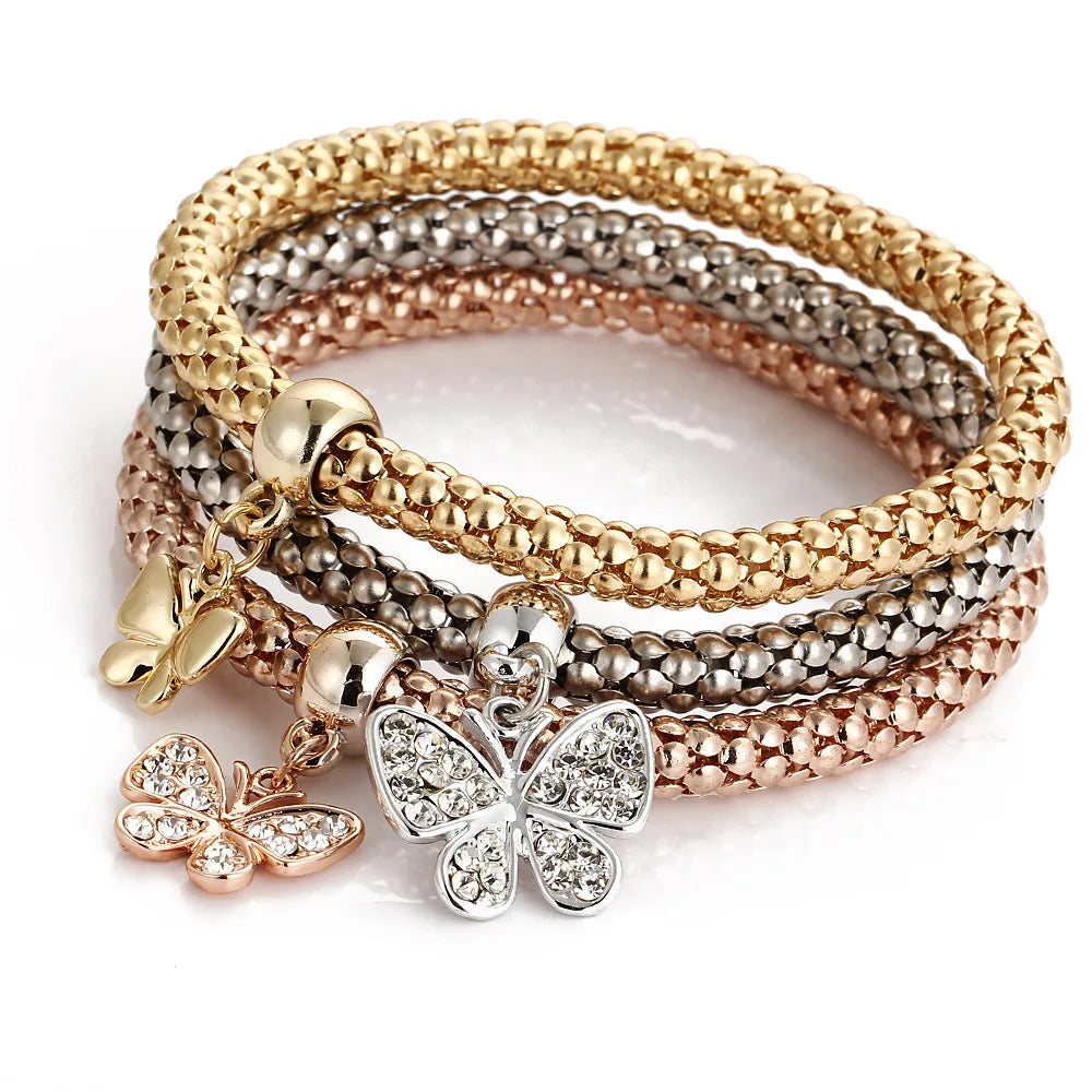 3Colors/Lot Tree Of Life Elastic Bracelet Set For Women Crystal Owl Key Lock Music Note Owl Butterfly Heart Charm Bangle Jewelry