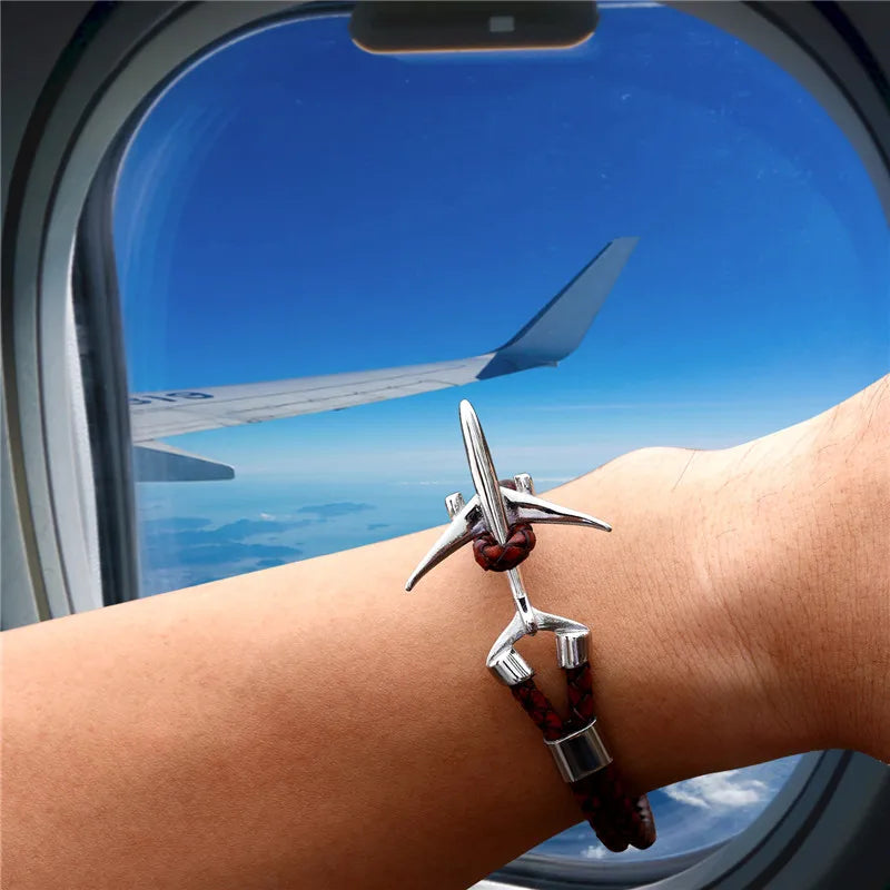 MKENDN Titanium Stainless Steel Airplane Anchor Bracelets Men Multilayer Braid Genuine Leather Bracelet Women Friendship Gifts