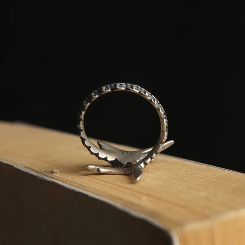 MKENDN Men Women Retro Personality Gothic Old Man And The Sea Marlin Fish Open Ring Genuine 925 Sterling Silver Jewelry