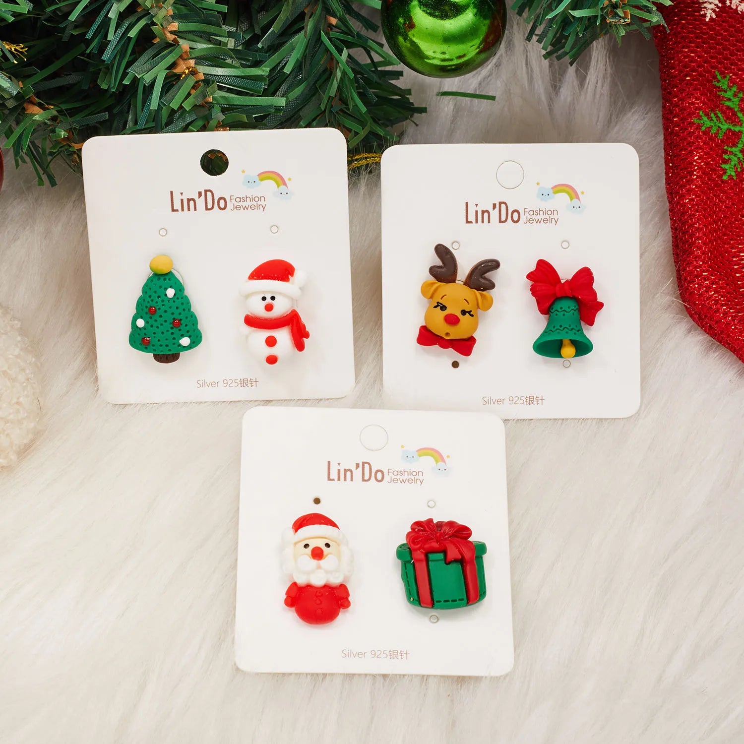 Fashion Christmas Ornaments Stud Earrings For Women Santa Claus Snowman Elk Christmas Tree Asymmetry Earring New Year Jewelry