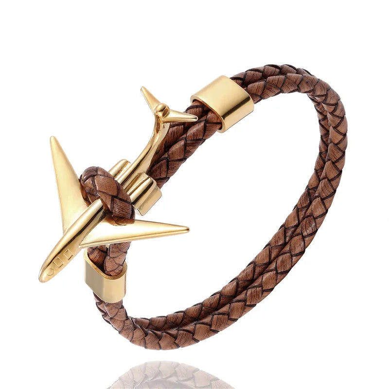 MKENDN Fashion Retro Leather Bracelet Stainless Steel Airplane Anchor Bracelets Men Women Summer Style Wrap Metal Sport Hook