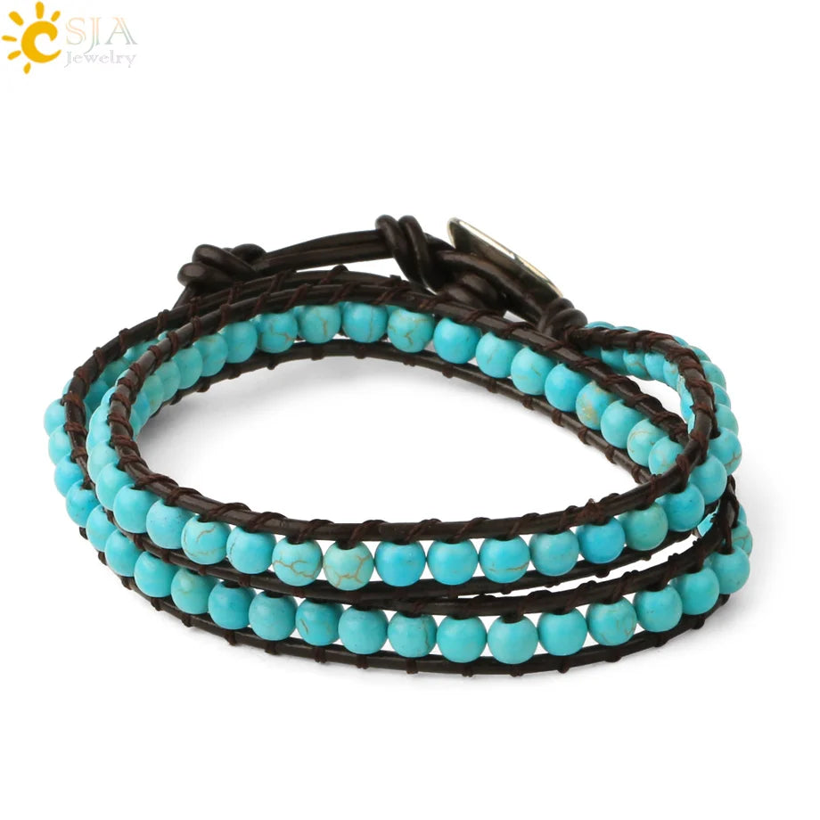 CSJA Turquoise Man Bracelet Bohemian Handmade Braides Bangle Indian Agate Crystal Beaded Double Layer Bracelets Women Homme S625