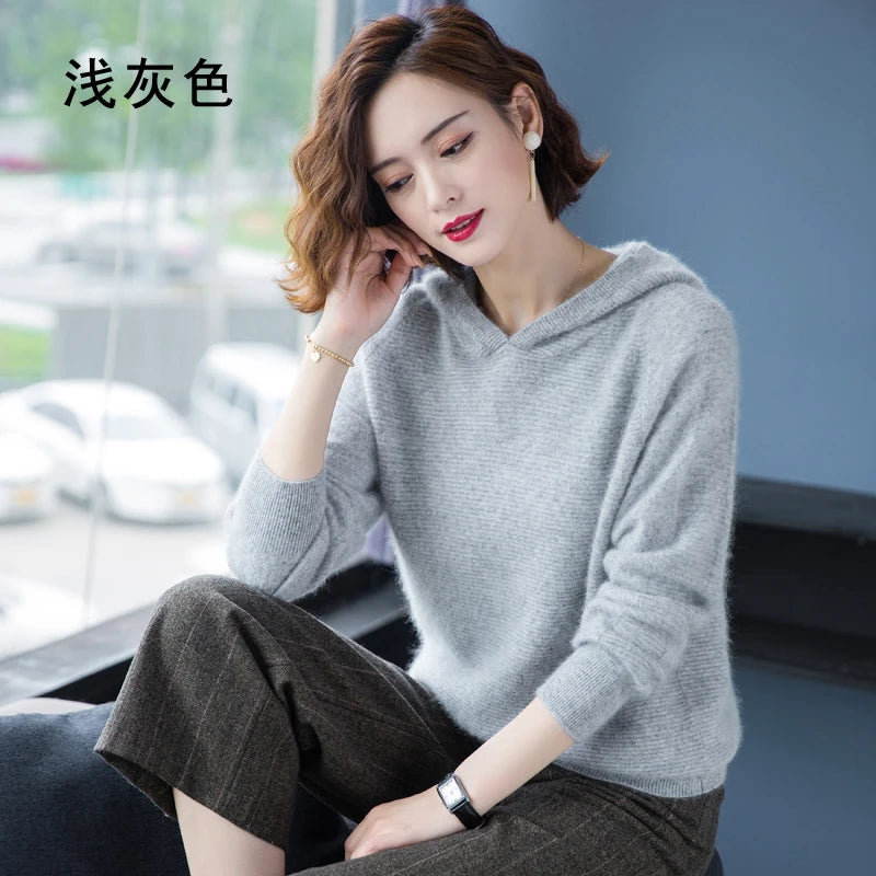 2025 Spring Winter 100%Pure Mink Cashmere Sweater Women Knitted Hooded Warm Lady's Grade Up Jumpers and Pullovers Soft Warm Tops