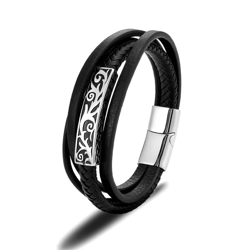 MKENDN Multi-layer Leather Wristband Vintage carved Accessories Men's Bracelet Stainless Steel Leather Bracelet Viking Jewelry