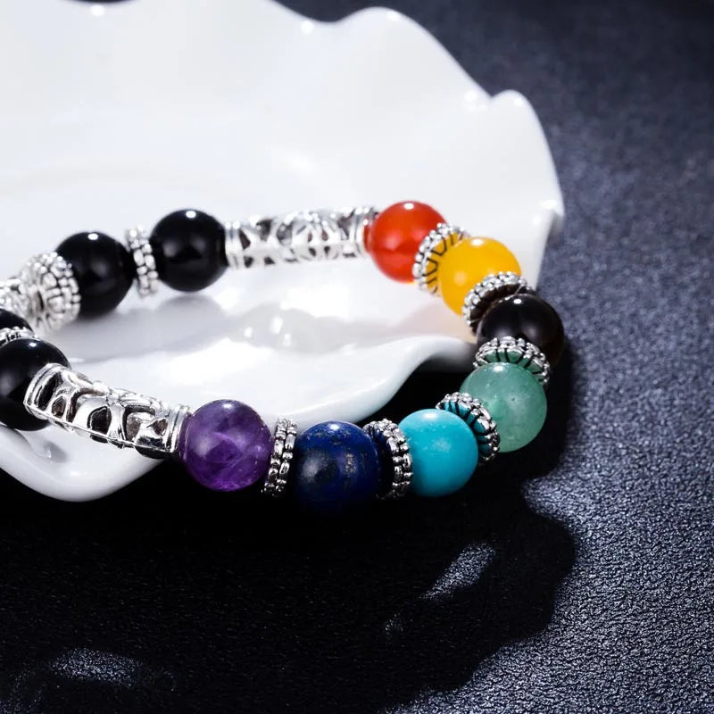 Hot Sale Men Women 10mm Bracelets 7 Chakra Healing Balance Beads Heart Charm Bracelet For Female Reiki Prayer Stones Jewelry