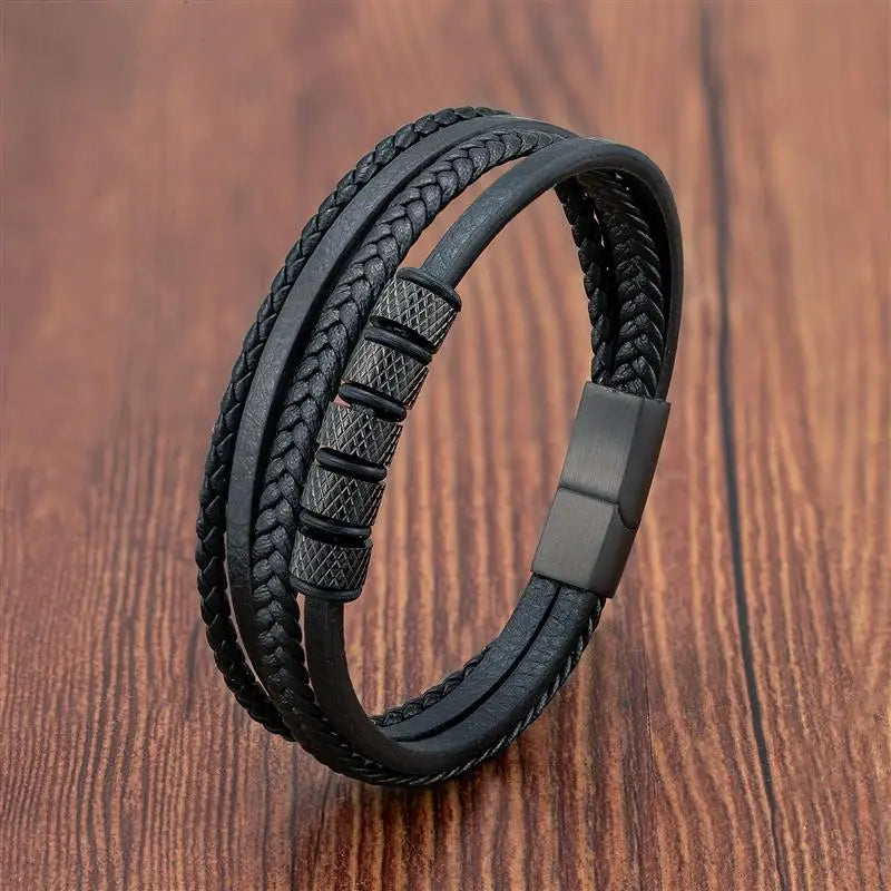 Luxury Stainless Steel Beaded Bracelet Fashion Men's Jewelry Classic Multilayer Braided Leather Bracelet Homme New Year Men Gift - Madeinsea©