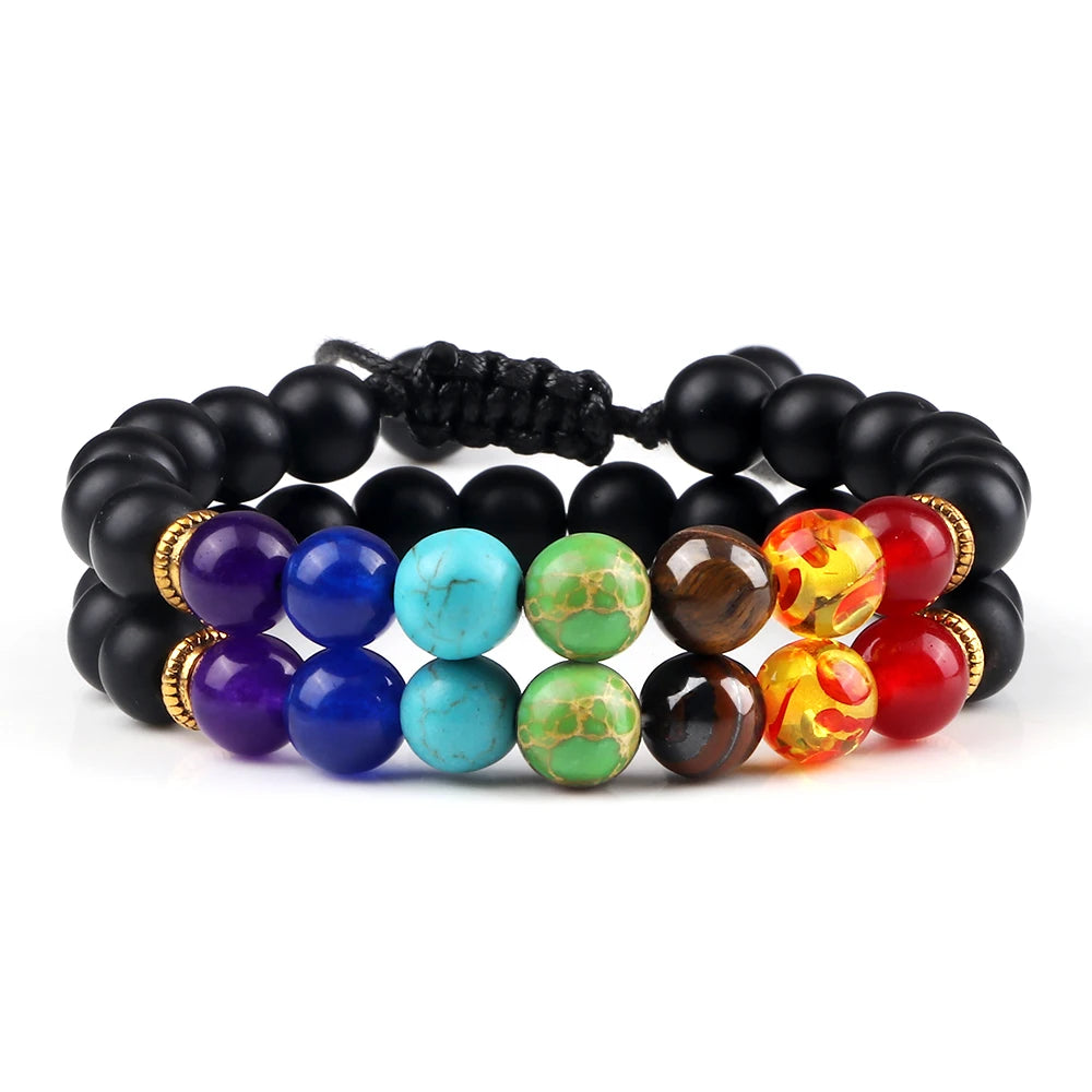 2Pcs Natural Stone 7 Chakra Healing Beaded Adjustable Braided Bracelets Men 8mm Lava Stretch Bracelet Women Reiki Buddha Jewelry