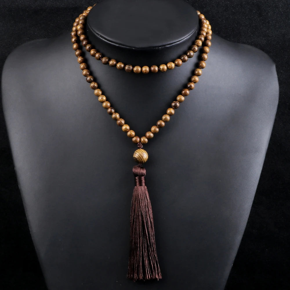 108 Mala Beaded Tassel Necklace Tiger Eyes Turquesa Meditation Yoga Jewelry Women Malachite Bohemian Ethnic Amazonite Necklace