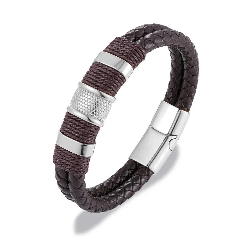 MKENDN Fashion Men Braided Genuine Black Leather Bracelet Stainless Steel Magnetic Buckle Bracelet Gifts Homme Pulseras