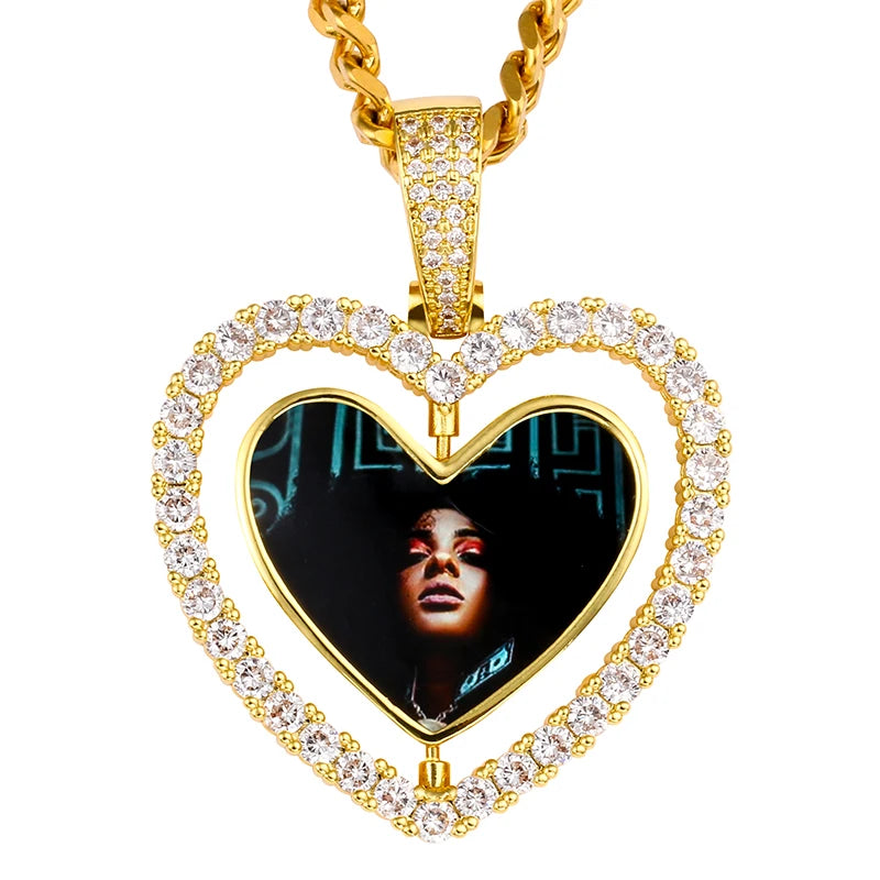 Custom Photo Pendant Necklace Heart Medallions Cubic Zirconia Rotating Double-Sided Custom Photo Gift For Mens Hip Hop Jewelry