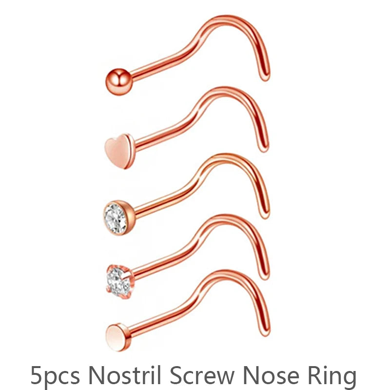 3/4/5/8/21pcs 20G Nose Studs Set Surgical Steel L-Shape Nostril Studs Screws Nose Ring Hoop Body Piercing Jewelry Mixed Styles