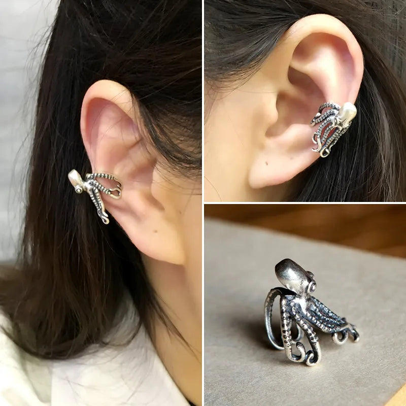 MKENDN Ocean Style S925 Big Octopus Ear Cuffs Vintage Ear Bone Clip Earrings For Women Men No Piercing Fake Cartilage Earrings