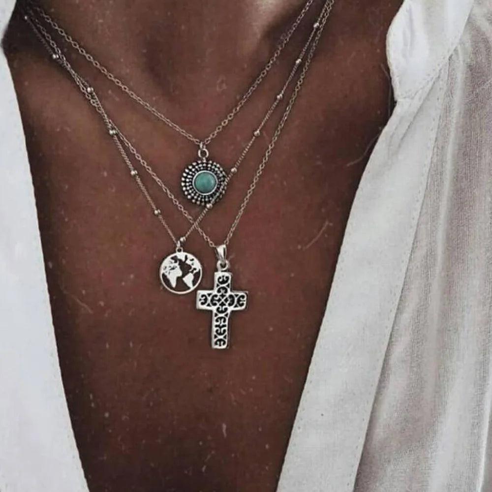 Bohemian Multi layered Necklaces For Women Moon Cross Tree Star Pendant chains Statement Choker 2020 Boho Fashion Jewelry