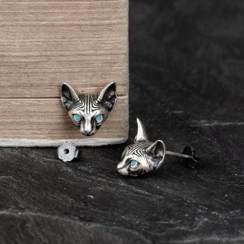 MKENDN Ohrstecker mit blauäugiger Sphynx-Katze, Meditations- und Yoga-Motiv, für Damen und Herren, Sterlingsilber 925, antiallergischer Schmuck