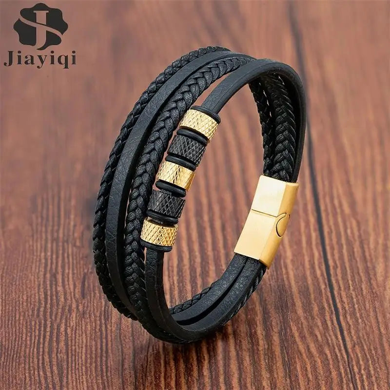 Luxury Stainless Steel Beaded Bracelet Fashion Men's Jewelry Classic Multilayer Braided Leather Bracelet Homme New Year Men Gift - Madeinsea©