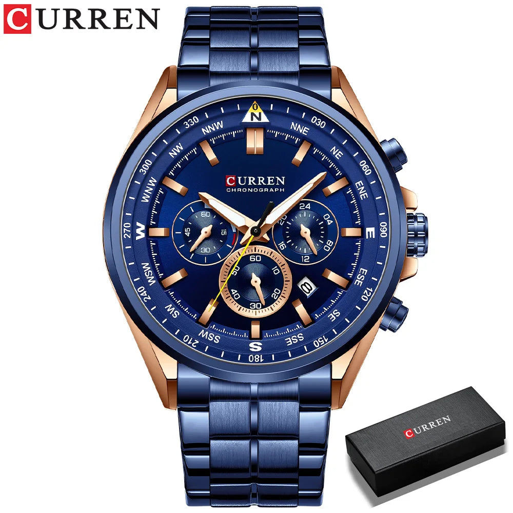 CURREN Luxury Brand Watches for Men Casual Sporty Quartz Wristwatch with 316 Stainless Steel Band Chronograph Clock Male Silver