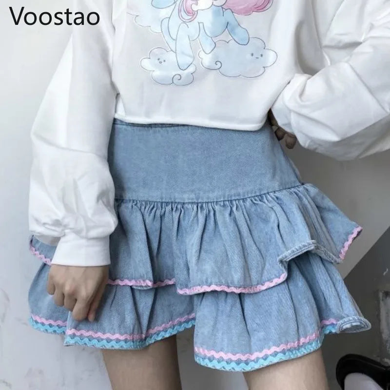 Sweet Lolita Style Mini Skirts Women Harajuku Cute Preppy Style Jk Denim Skirt Japanese Girls Sexy Punk High Waist Tiered Skirt