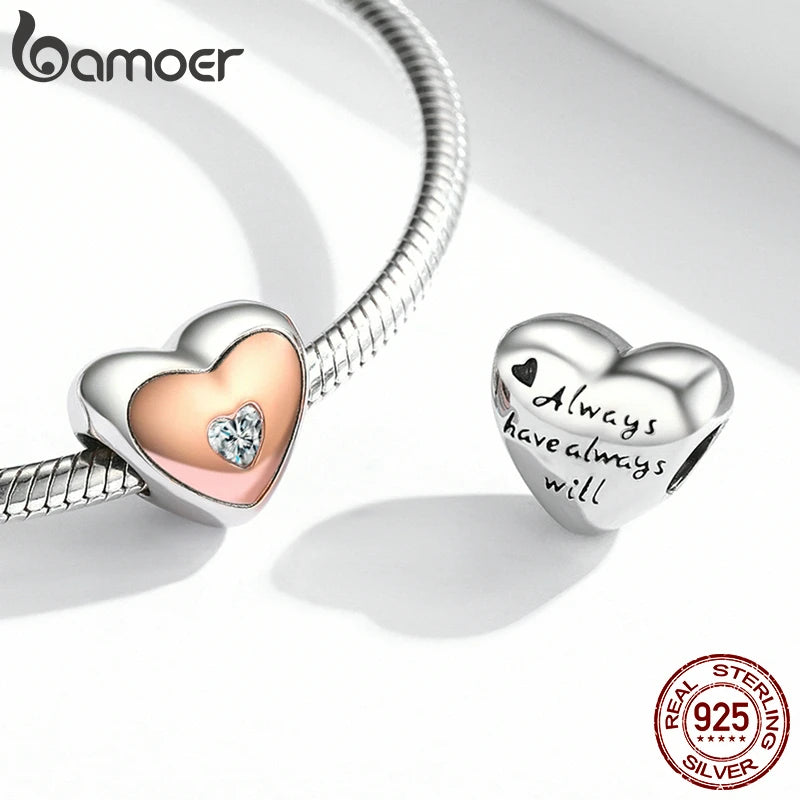 BAMOER 925 Sterling Silver Heart-shape Charm Beads Fit Original Charm Bracelet Inlaid Zircon Colorful Pendants DIY Accessories