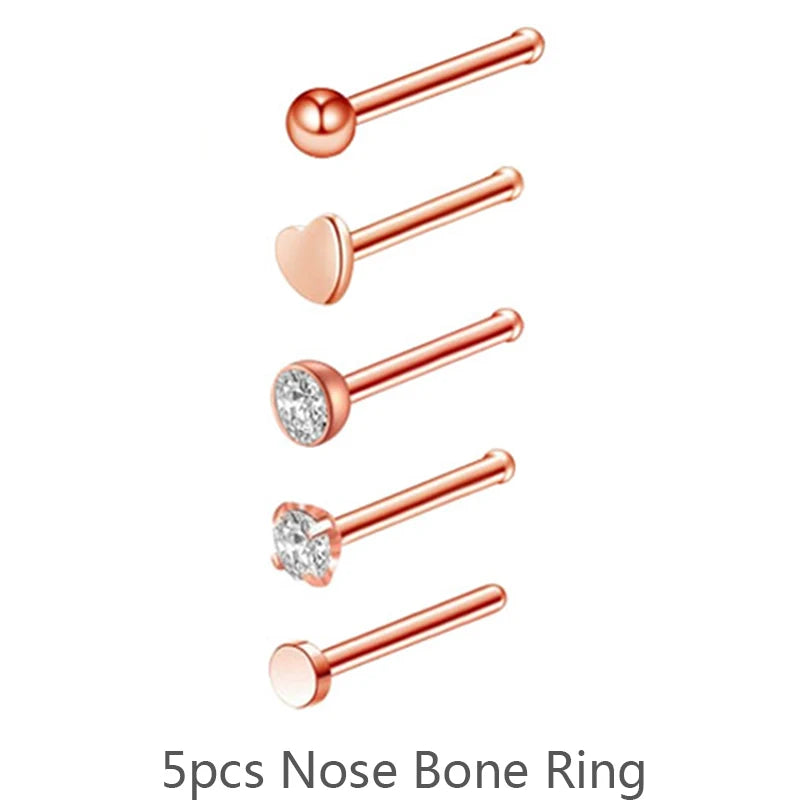 3/4/5/8/21pcs 20G Nose Studs Set Surgical Steel L-Shape Nostril Studs Screws Nose Ring Hoop Body Piercing Jewelry Mixed Styles