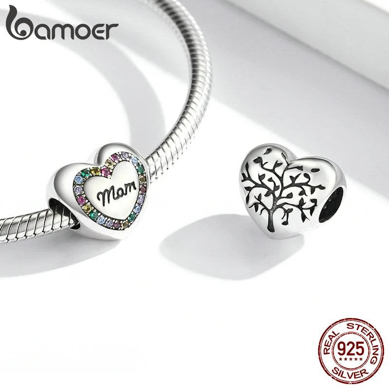 BAMOER 925 Sterling Silver Heart-shape Charm Beads Fit Original Charm Bracelet Inlaid Zircon Colorful Pendants DIY Accessories
