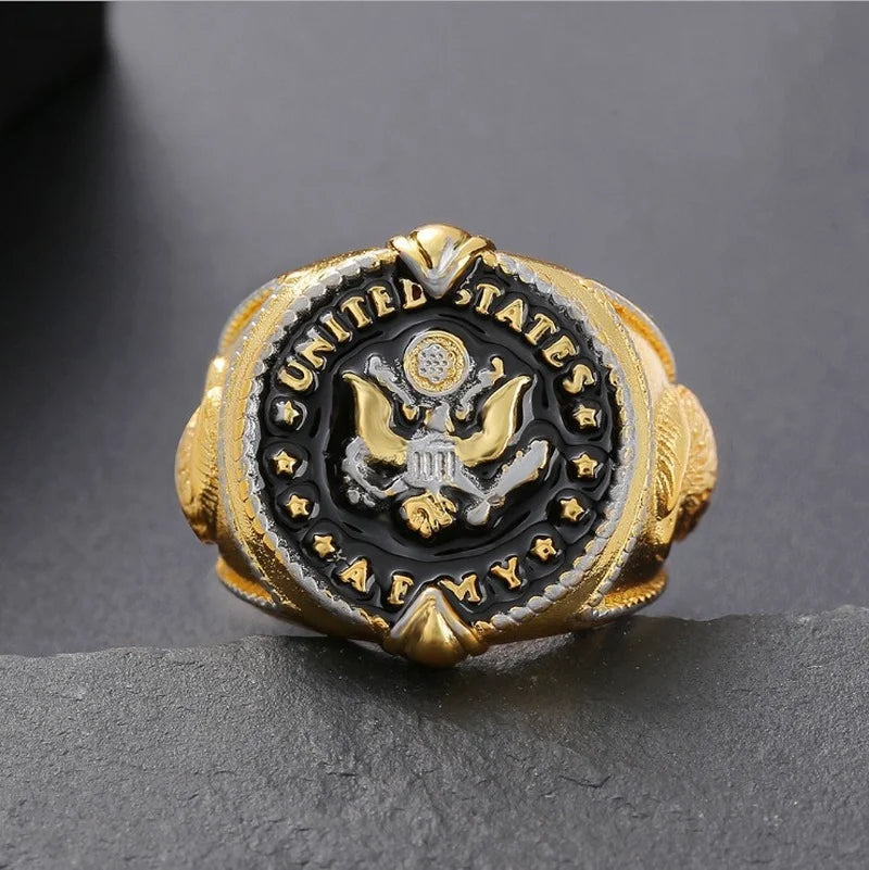 2024 Trend US Federal Army Badge This We'll Defend Two-Tone Men's Ring Cool Stuff Male Ring Gothic Accessories Mens Jewelry