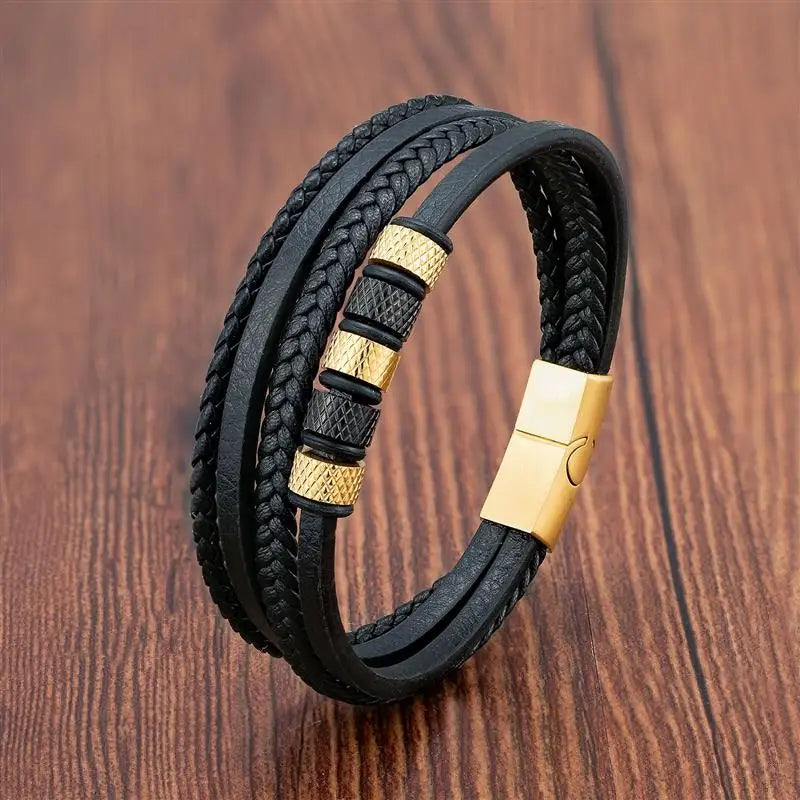 Luxury Stainless Steel Beaded Bracelet Fashion Men's Jewelry Classic Multilayer Braided Leather Bracelet Homme New Year Men Gift - Madeinsea©