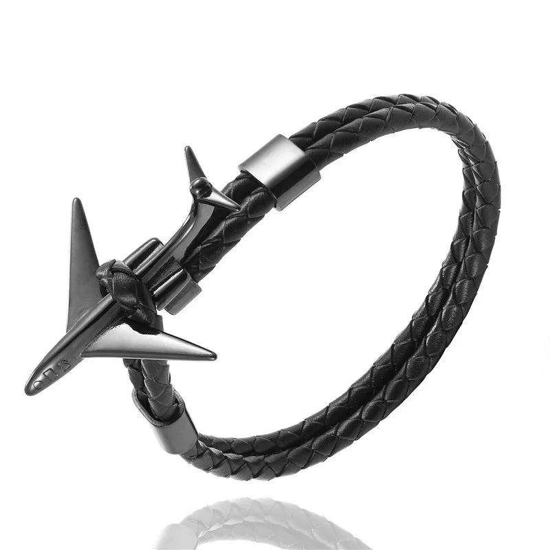 MKENDN Fashion Retro Leather Bracelet Stainless Steel Airplane Anchor Bracelets Men Women Summer Style Wrap Metal Sport Hook