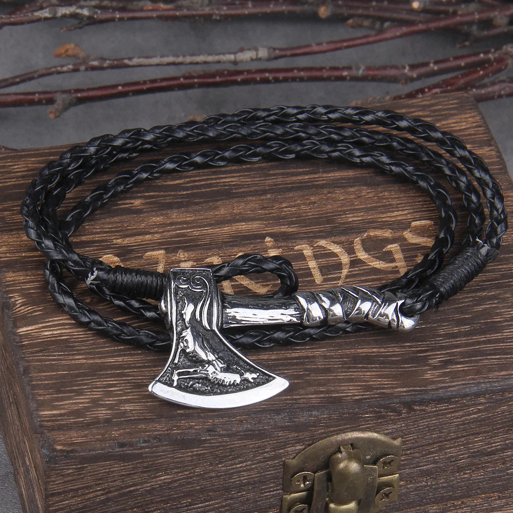 Nordic Viking Valknut Axe Amulet Bracelet (with wooden box)