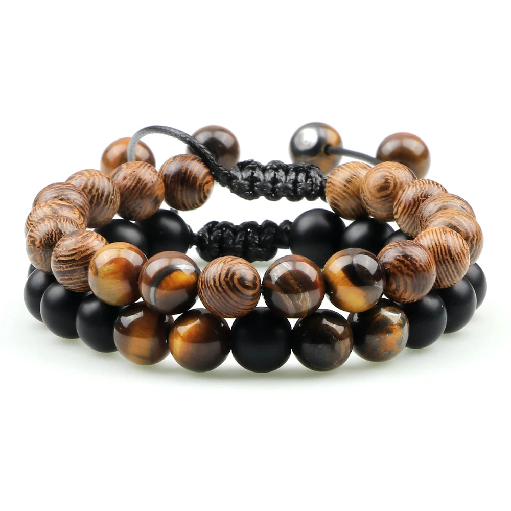 2Pcs Adjustable Braided Natural Stone Beads Bracelets&Bangles For Couples Women Men Tiger Eye Lava Bracelet Yoga Jewelry Pulsera