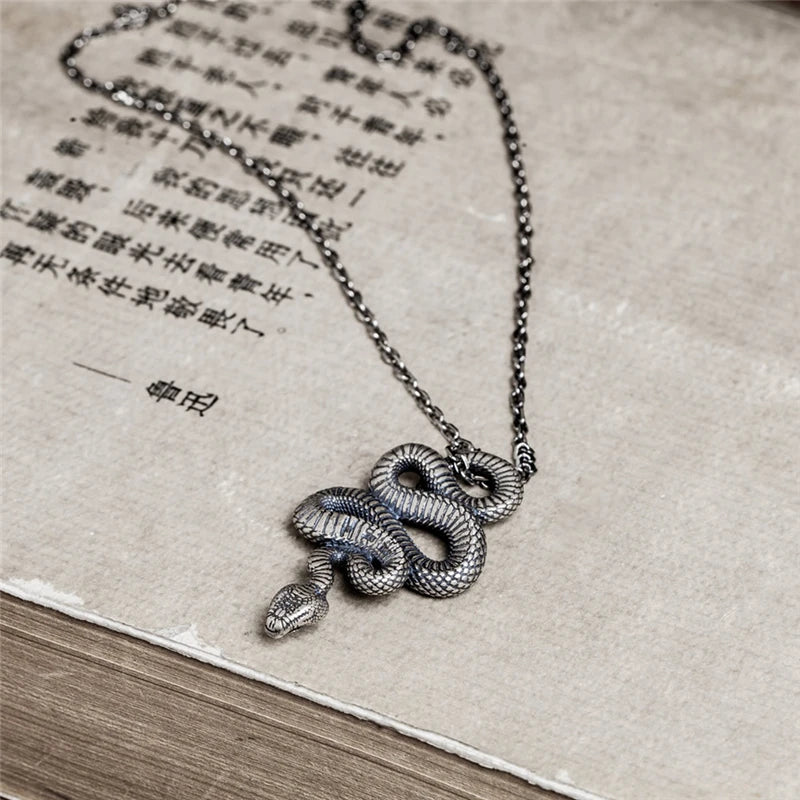 MKENDN Vintage 100% 925 Sterling Silver Snake Pendant Necklace For Men and Women Gothic Street Hip Hop Punk Dark Jewelry