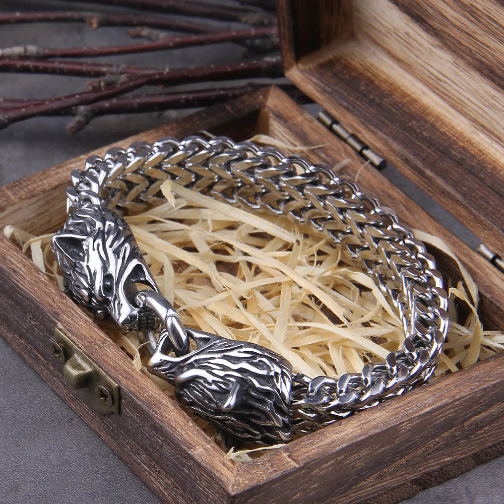 Never Fade Rock Viking Wolf head Bracelet Men's Stainless Steel Mesh Chain Gold Punk Jewelry without box