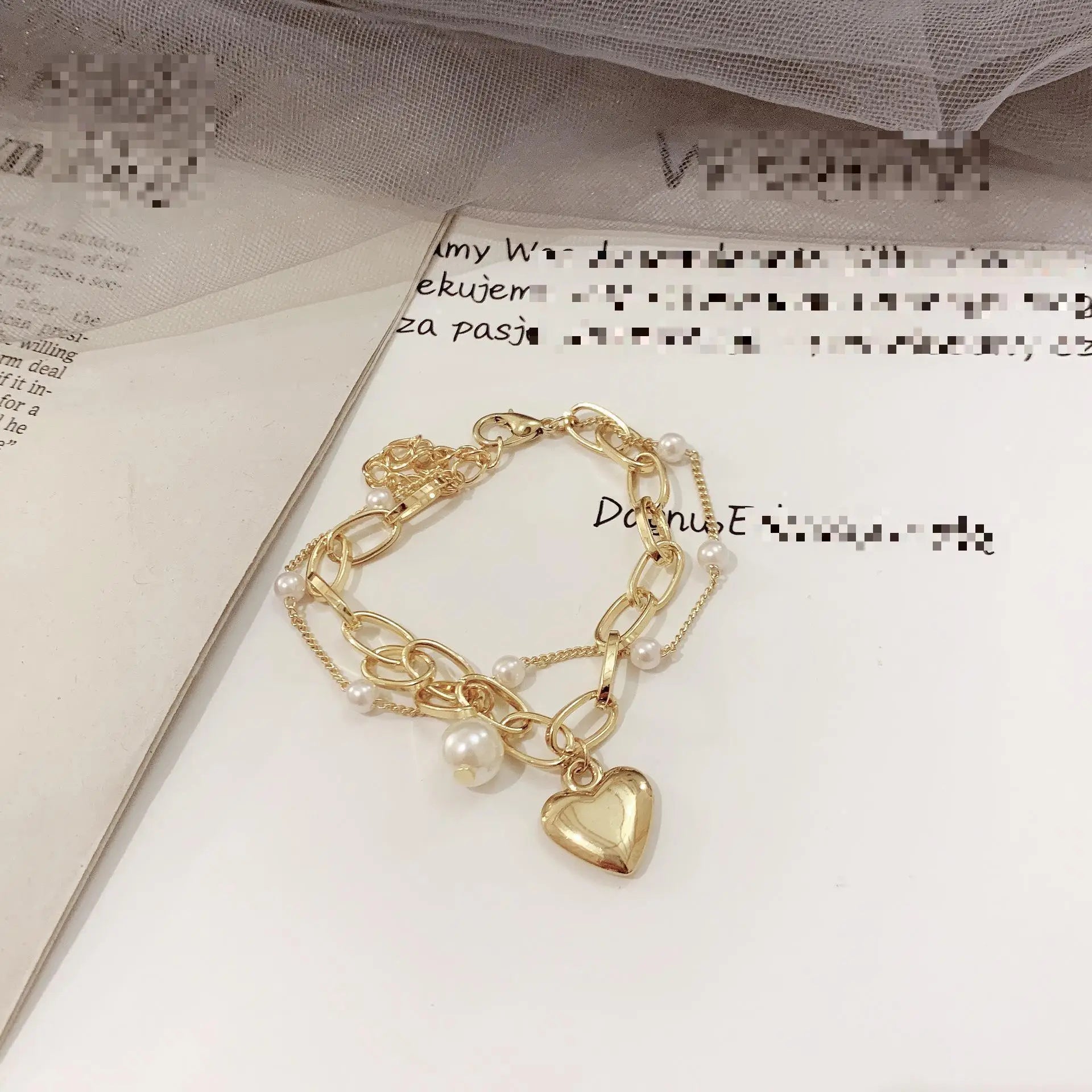 Fashion Chain Love Pearl Double Bracelet Temperament Peach Heart Pendant Bracelet Female College Student Jewelry Pulsera