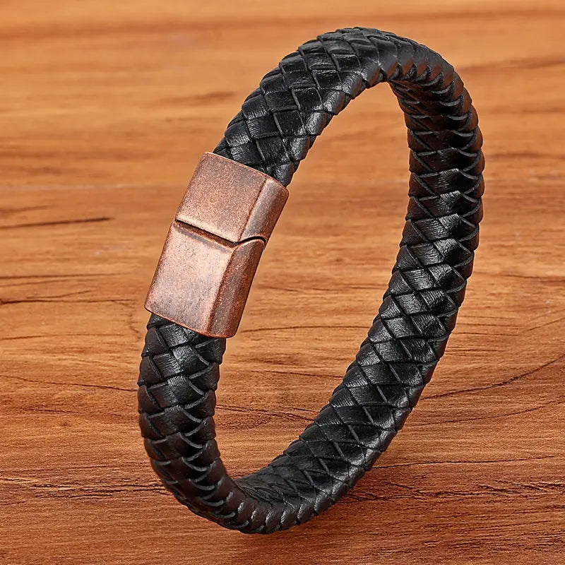 TYO Fashion Stainless Steel Charm Magnetic Black Men Bracelet Leather Genuine Braided Punk Rock Bangles Jewelry Accessories - Madeinsea©