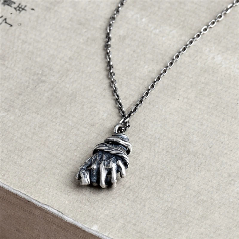 MKENDN Unique Vintage Silver Snake Hand Pendant Necklace 925 Sterling Silver Pendant Mens Punk Gothic Biker Jewelry Gifts