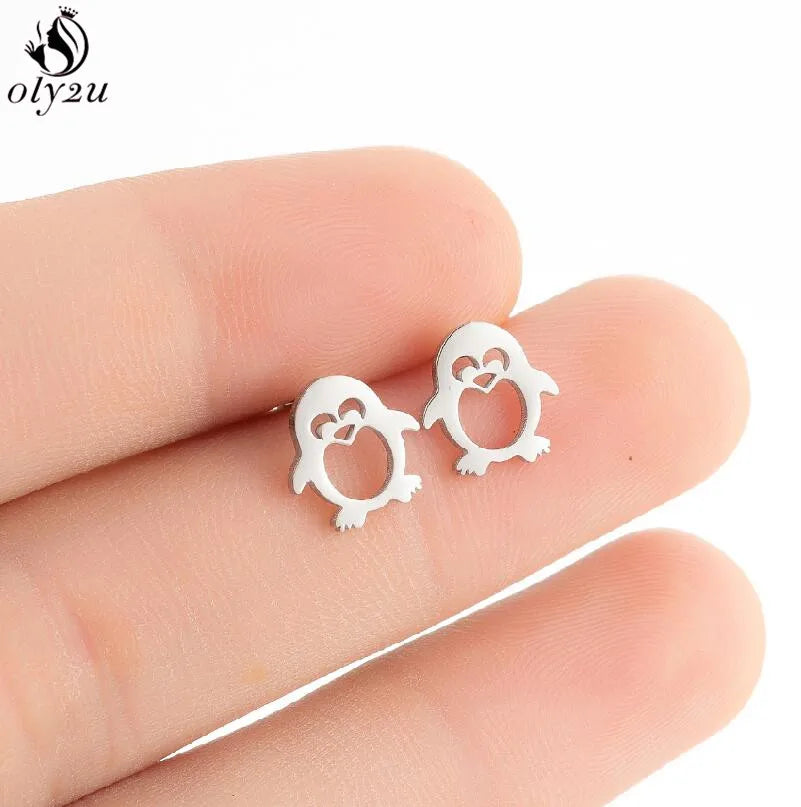 Korean Cute Stainless Steel Animal Earrings for Women Small Bat Octopus Fish Penguin Stud Earrings Trendy Jewelry Friends Gifts