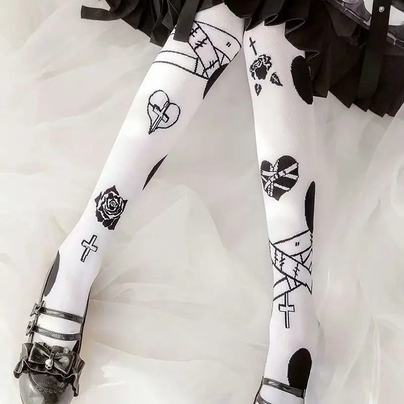 Japanese Gothic Lolita Stockings Girls Sweet Harajuku Cute Bear Rabbit Print Velvet Tights Fashion Female White Kawaii Stockings