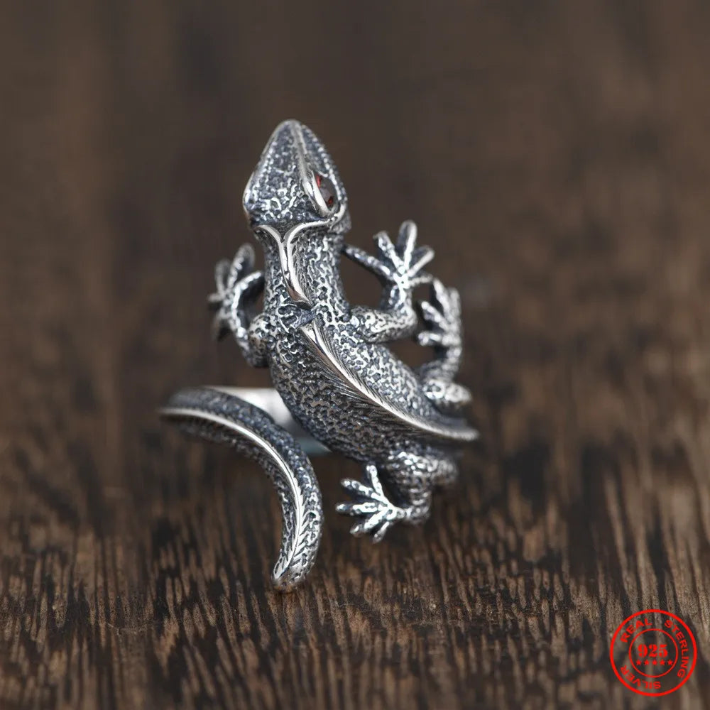 MKENDN Vintage Unique 925 Sterling Silver Chameleon Lizard Ring With Red Eyes For Men and Women Gothic Street Rock Punk Jewelry