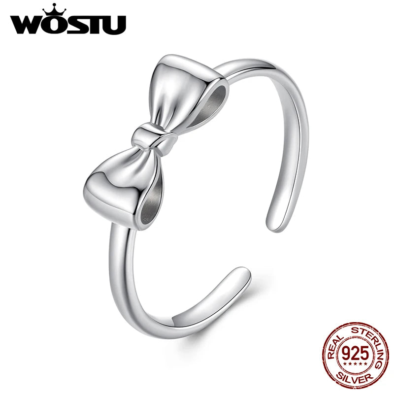 WOSTU Solid 925 Sterling Silver Classical Bow knot Ring For Women Wedding Jewelry Opening Rings Stackable Jewelry Gift BSR664-E