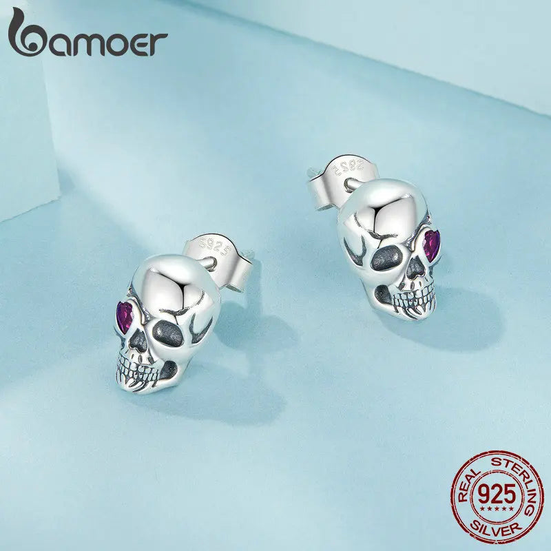 BAMOER 925 Sterling Silver Cool Skull Stud Earrings Red Heart-shaped CZ Hypoallergenic Earrings for Women Fine Jewelry SCE1771