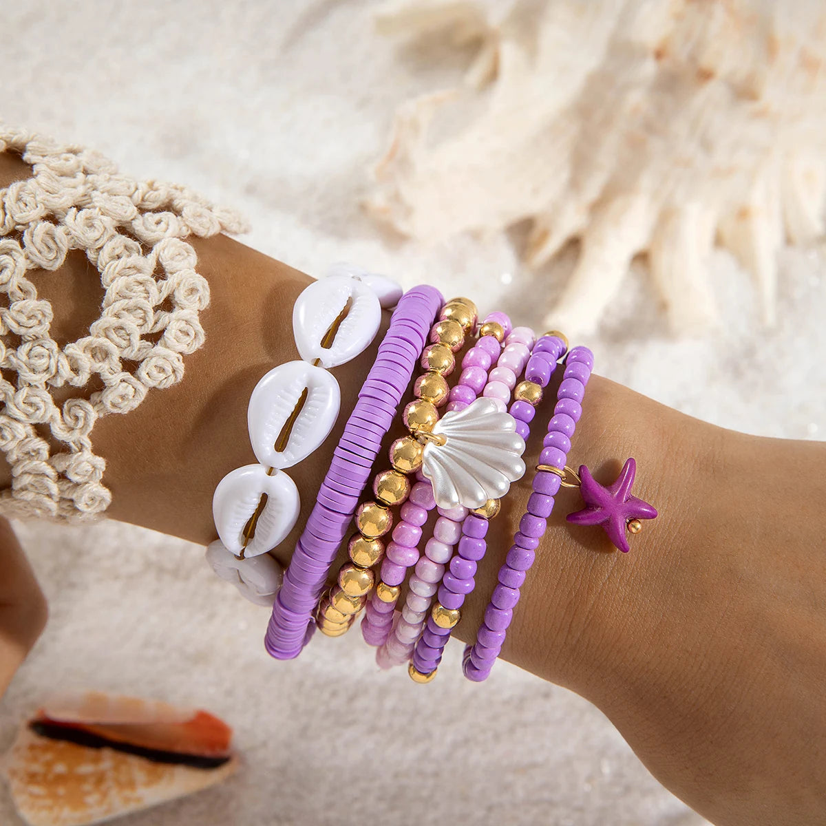 Tocona Bohemian Resort Style Shell Beaded Weaving Bracelet Beach Style Starfish Rice Beads Seven Piece Set for Women 25134 - Madeinsea©