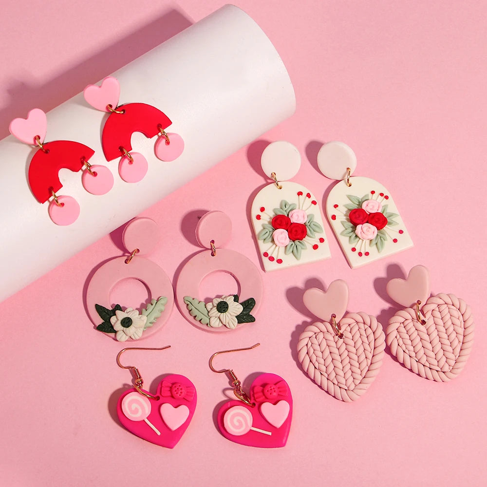AENSOA Hollow Round Flower Earring For Women Polymer Clay Valentine's Day Girls Gift Heart Pattern Ear Accessories Jewelry INS