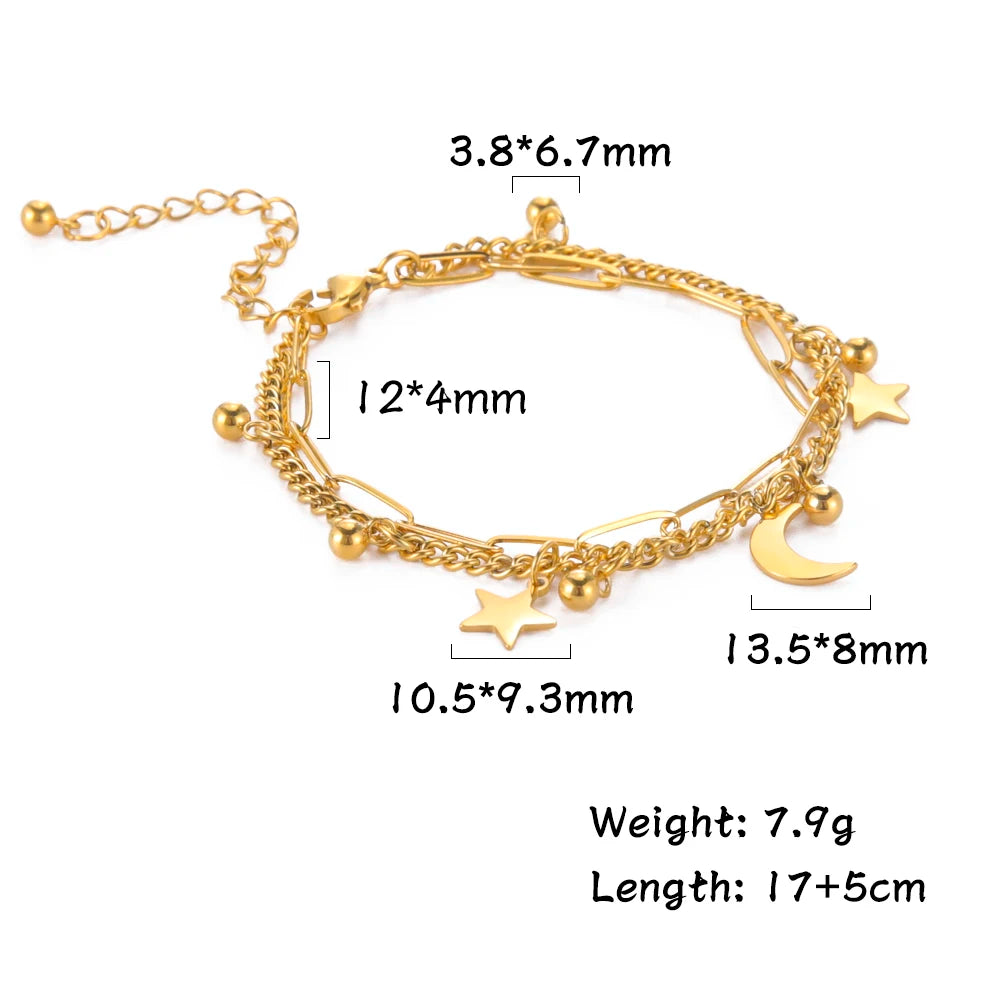 Star Moon Pendant Double Chain Bracelets Women's Stainless Steel Bracelets Trendy Jewelry for Lover Anniversary Gifts