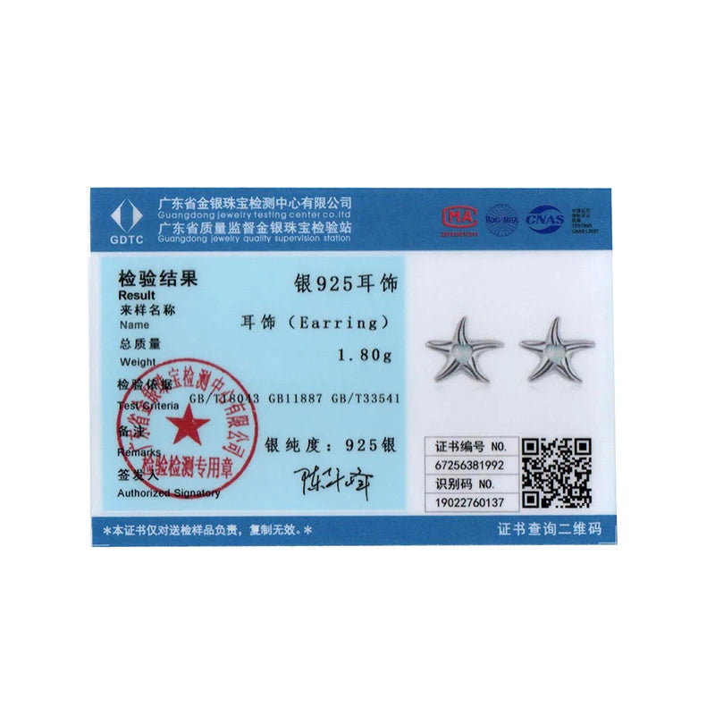 BISAER 925 Sterling Silver Starfish Stud Earrings Heart Glass Marine Animals Stud Ear for Women Party Fine Jewelry Holiday Gift