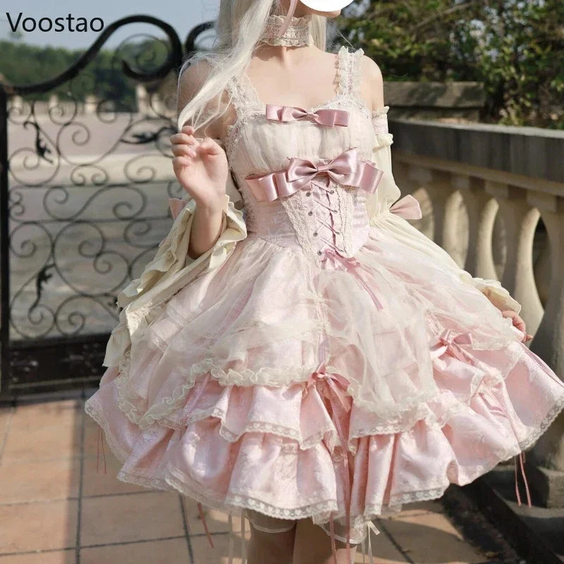 Japanese Sweet Cute Lolita Jsk Dress Women Gothic Y2k Bow Lace Ruffles Evening Party Mini Dresses Harajuku Kawaii Black Vestidos