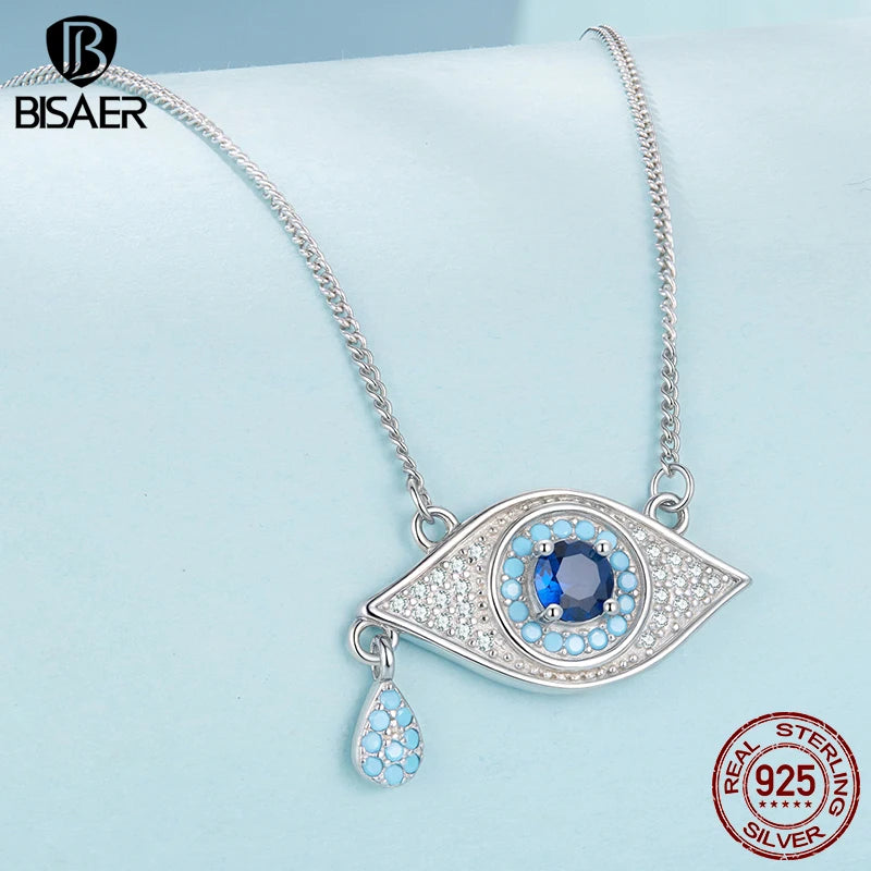 BISAER 925 Sterling Silver Devil's Eye Necklace Pendant Zircon Dainty Trend Adjustable Chain for Lucky Women Fine Jewelry Gift